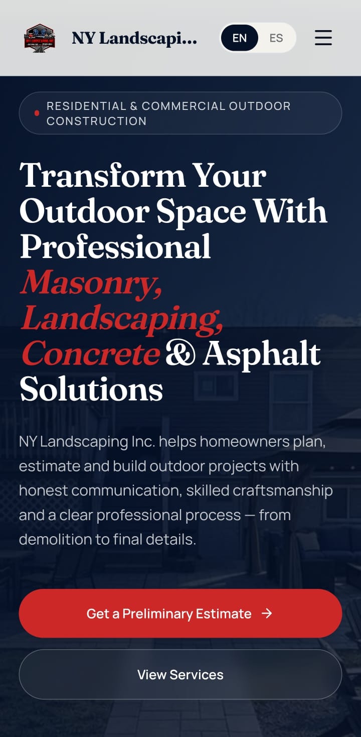 Hero móvil del sitio de NY Landscaping Inc.