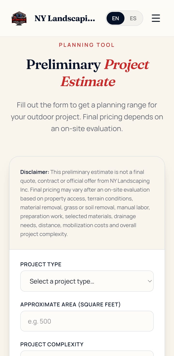 Formulario de estimación preliminar de NY Landscaping Inc.