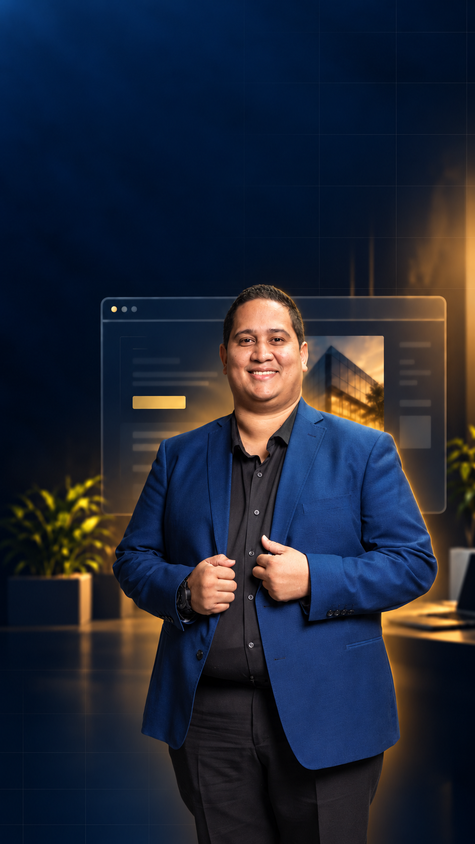 Carlos Hernández trabajando en su oficina con paneles digitales de análisis