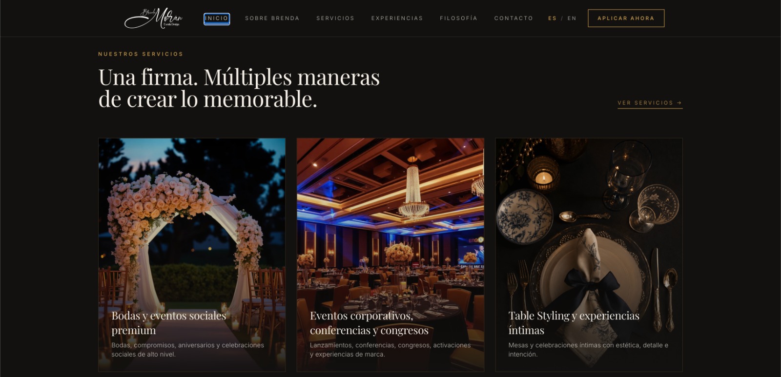 Captura de la sección de servicios de BM Events Design