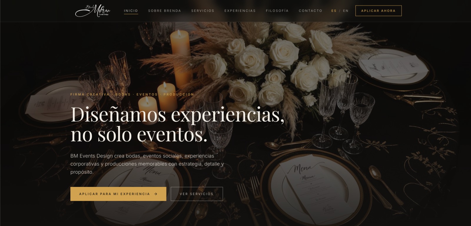Captura del hero del sitio de BM Events Design